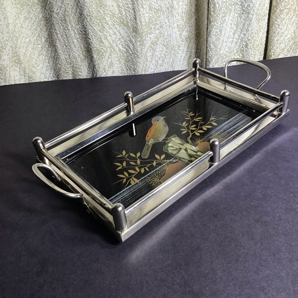 🔥SALE Silver and Black underglass antique robin Bird Design Tray